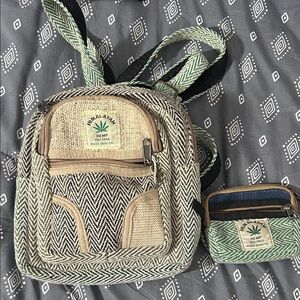 Himalayan Pure Hemp Nepal THC FREE Tan and Green mini Backpack and Wallet Set